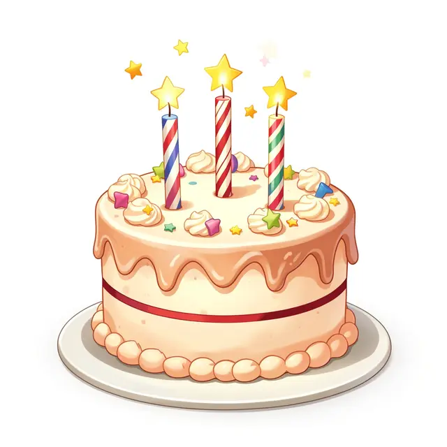 A decorated birthday cake with striped candles and floating star accents sits on a white plate.