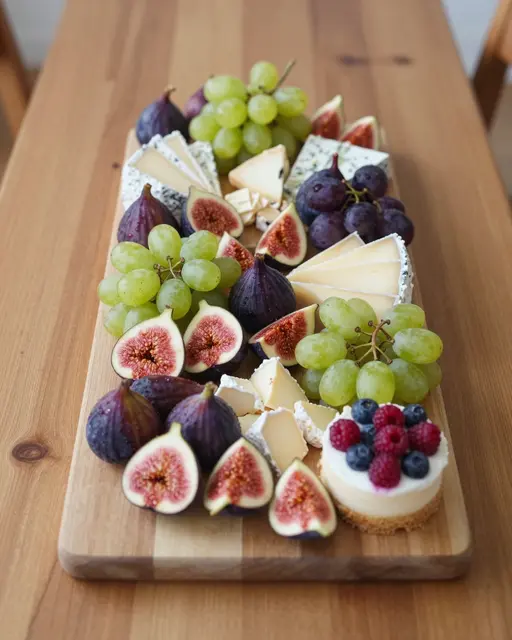A wooden grazing platter with figs, grapes, soft cheeses and a small berry cake rests on a long wooden table