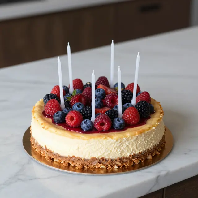 A whole birthday cheesecake topped with fresh mixed berries and thin white candles rests on a marble kitchen counter