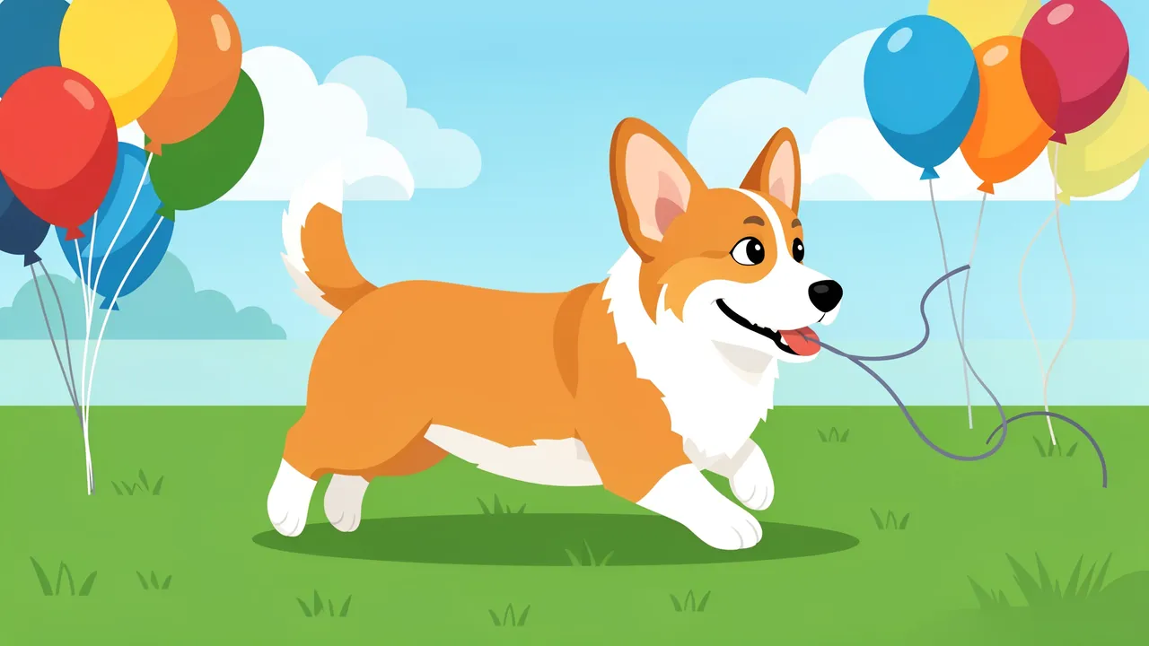 A happy running corgi holds a balloon string in its mouth beside colorful birthday balloons on a grassy lawn under a blue