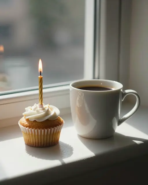 A frosted cupcake with a lit birthday candle sits next to a white coffee mug on a sunlit windowsill