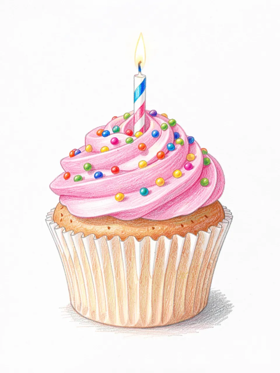 Colored pencil drawing of a vanilla cupcake with pink frosting, sprinkles and a lit birthday candle on white paper
