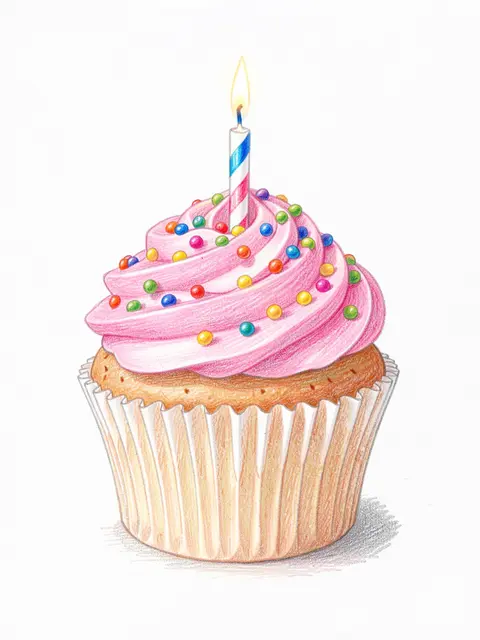 Colored pencil drawing of a vanilla cupcake with pink frosting, sprinkles and a lit birthday candle on white paper