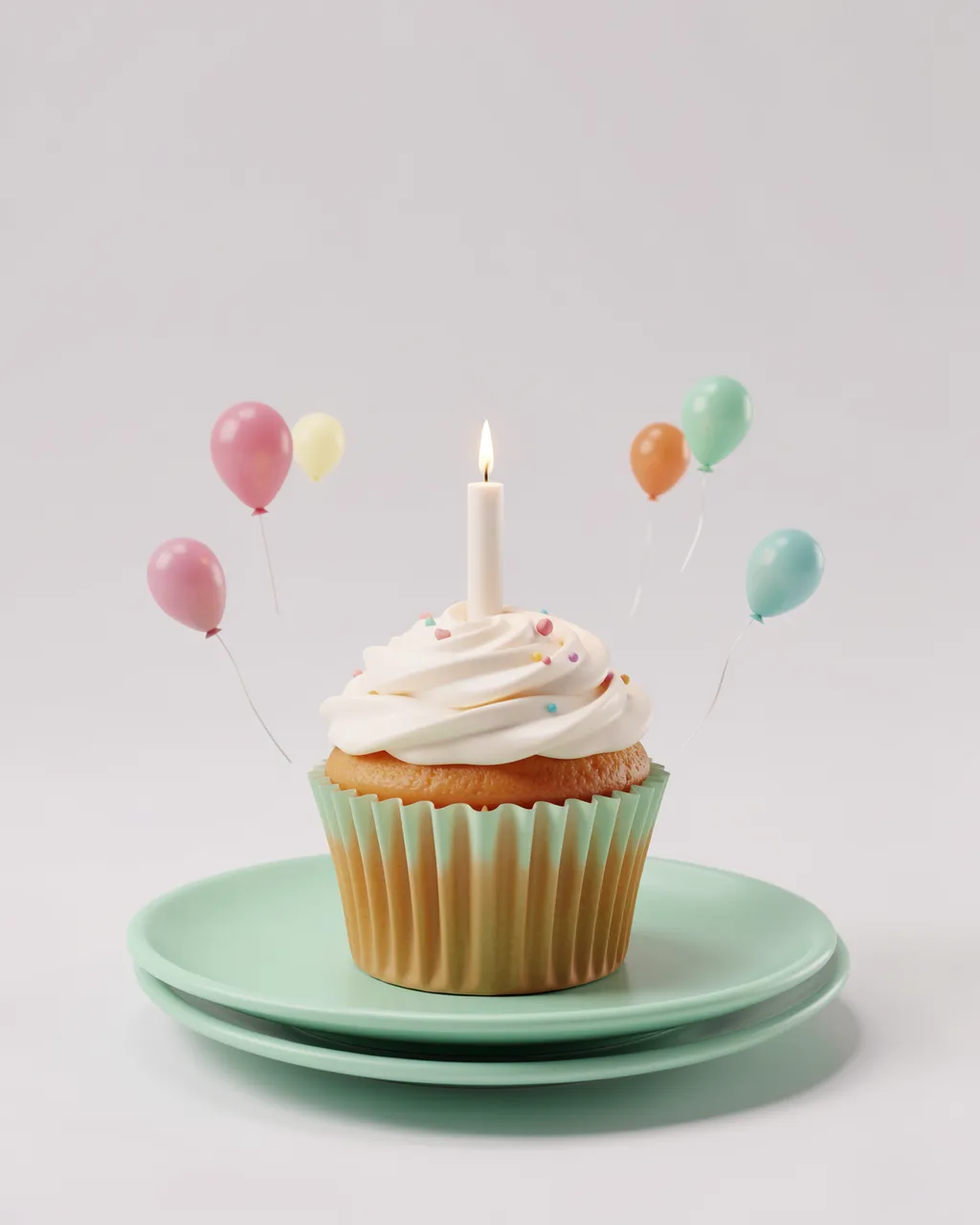 A 3D rendered birthday cupcake with a lit candle sits on mint plates, surrounded by tiny floating balloons with empty space