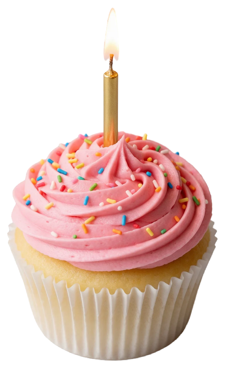 A vanilla cupcake with swirled pink frosting, rainbow sprinkles, and a lit gold candle in a white paper liner.