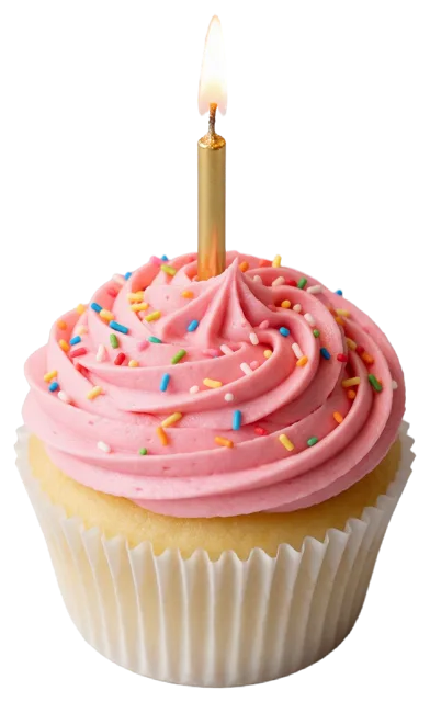 A vanilla cupcake with swirled pink frosting, rainbow sprinkles, and a lit gold candle in a white paper liner.
