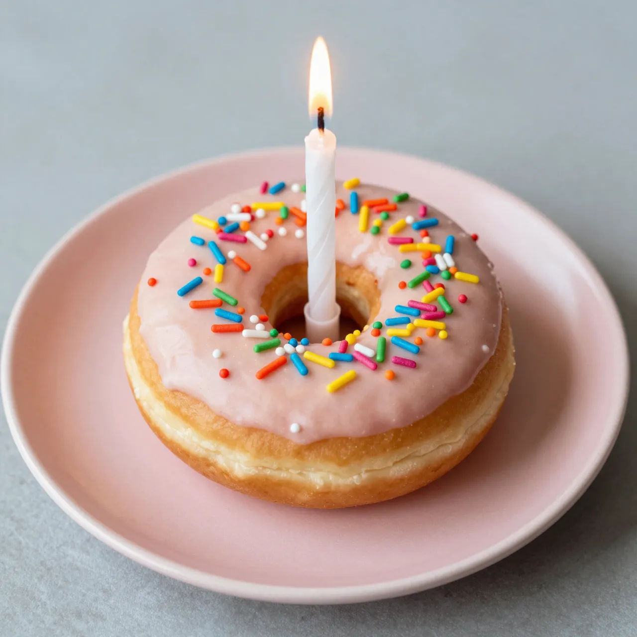 A glazed donut with rainbow sprinkles and a lit birthday candle sits on a soft pink plate.