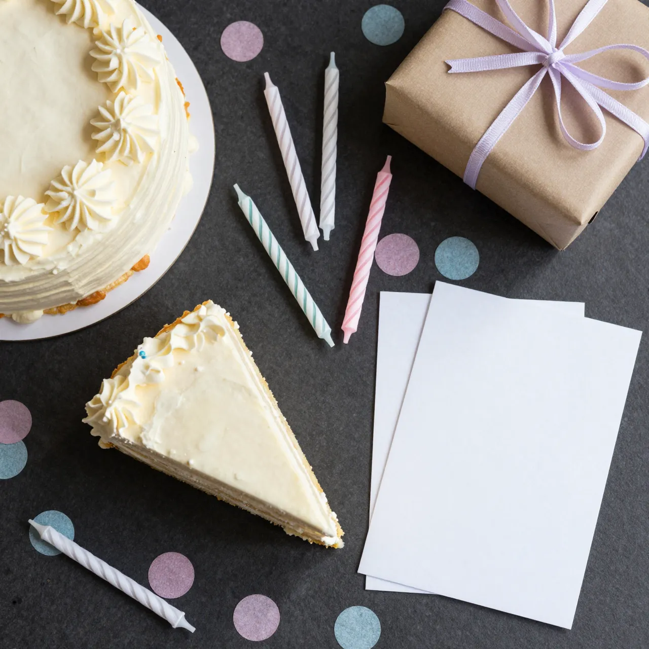 Top down view of birthday cake slice, candles, gift, blank card and pastel confetti on a dark surface