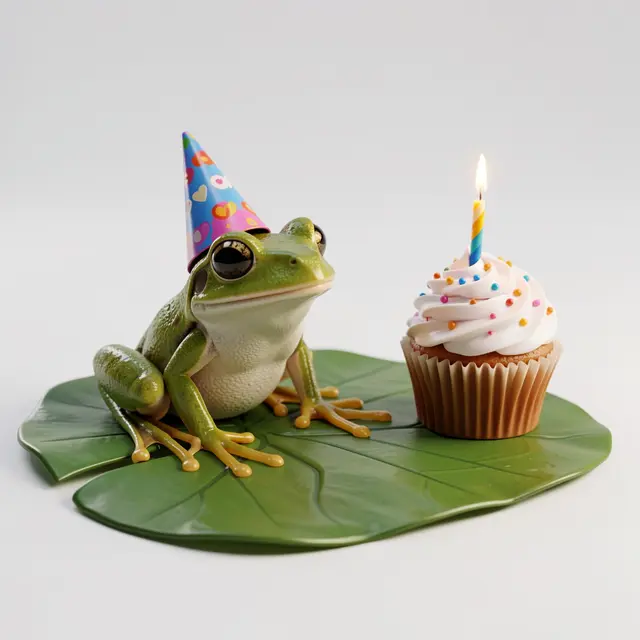 A green frog wearing a colorful party hat sits on a lily pad next to a lit birthday cupcake