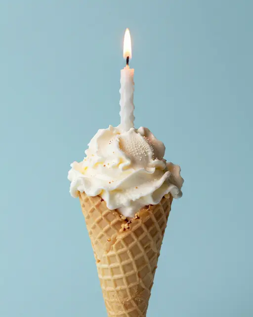 A waffle ice cream cone topped with whipped cream and a lit candle against a pastel blue background