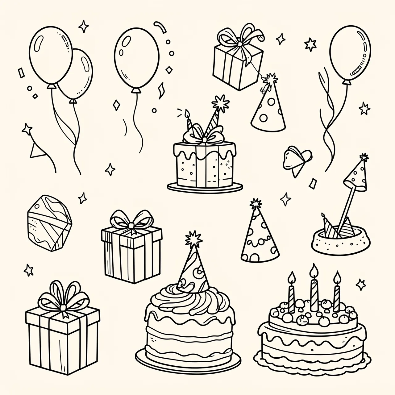 Line art doodles of birthday cakes, gift boxes, balloons and party hats arranged on an off-white background