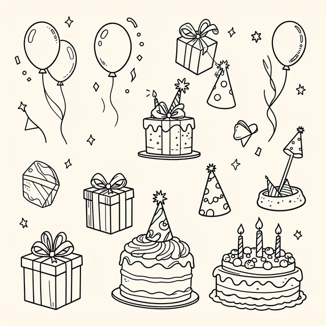 Line art doodles of birthday cakes, gift boxes, balloons and party hats arranged on an off-white background