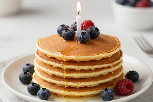 A stack of golden pancakes topped with a lit candle, fresh berries, and drizzled maple syrup on a white plate.
