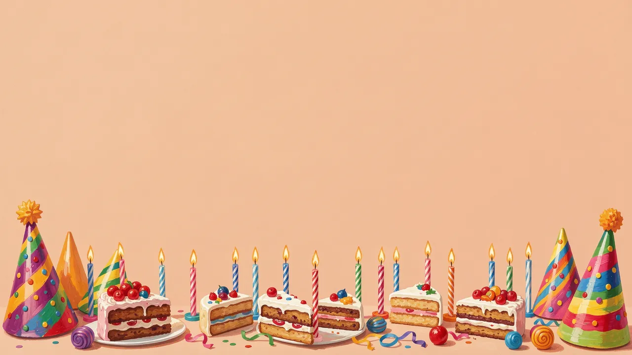 Colorful party hats, cake slices, lit candles and confetti line the bottom of a warm peach empty background.