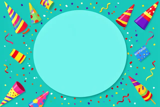 A flat vector turquoise birthday background with party hats, noisemakers, confetti and a large empty central circle for copy