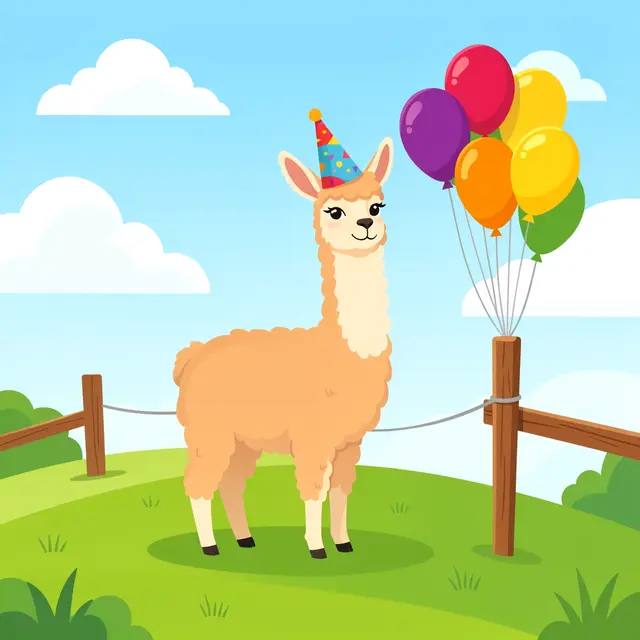A cute llama wearing a party hat stands on a sunny grassy hill next to colorful balloons tied to a wooden fence post.