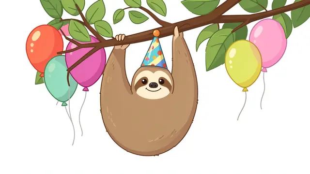 A cute sloth wearing a party hat hangs from a leafy branch surrounded by colorful birthday balloons.