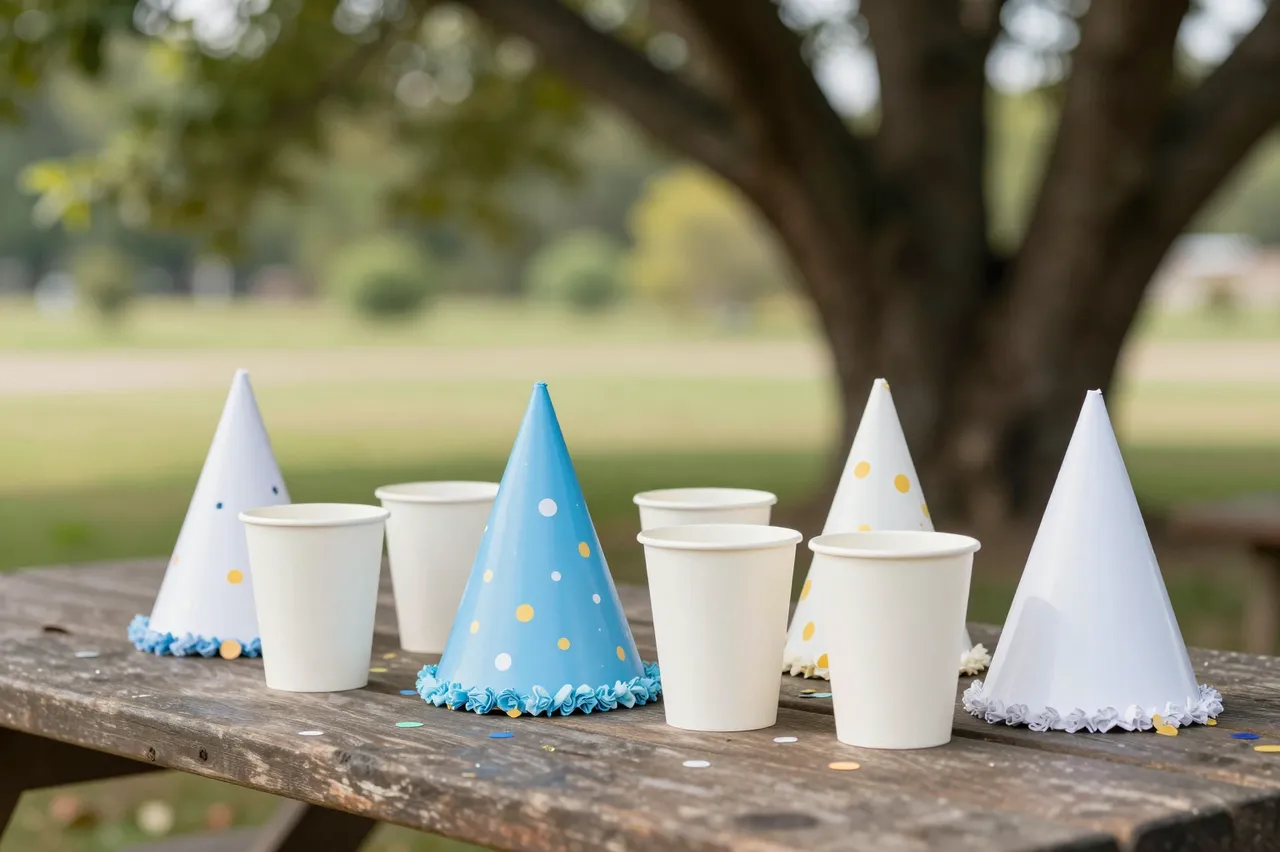 Paper party hats and cups sit with scattered confetti on a wooden picnic table under a tree.