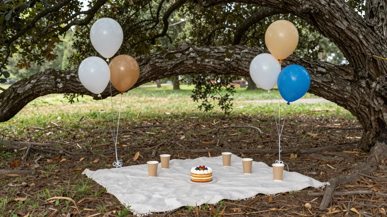 A birthday picnic setup with cake, paper cups and balloons rests on a blanket under a gnarled oak tree in a park