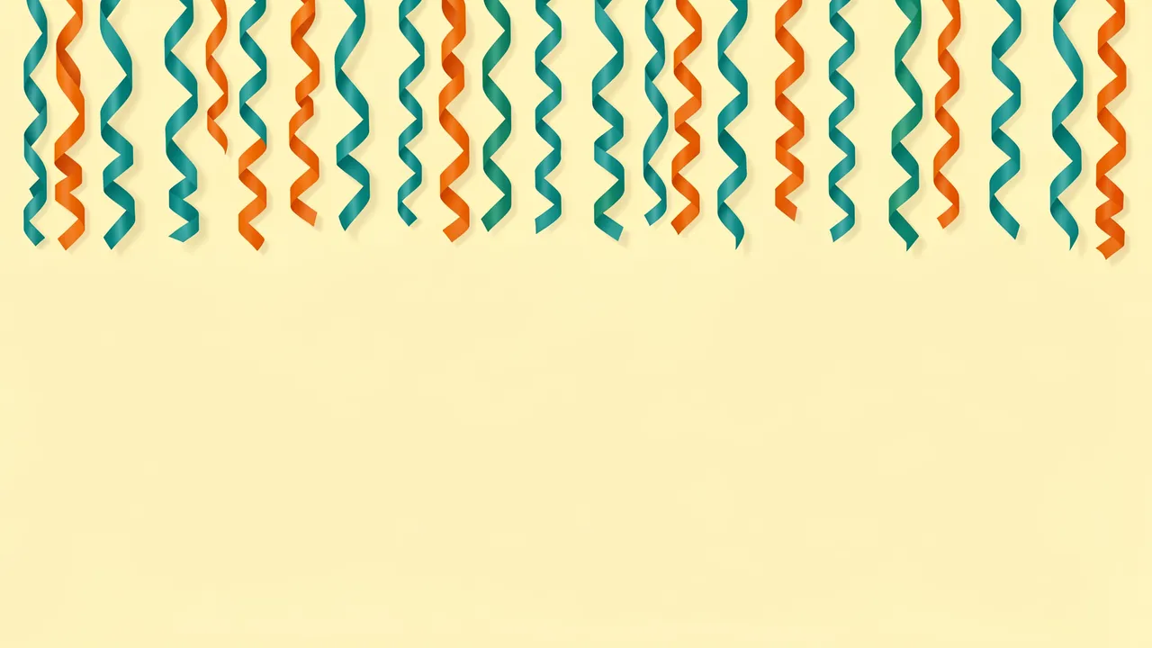 Teal and orange curled party streamers hang from the top edge above empty pale yellow copy space.