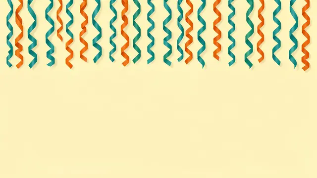 Teal and orange curled party streamers hang from the top edge above empty pale yellow copy space.
