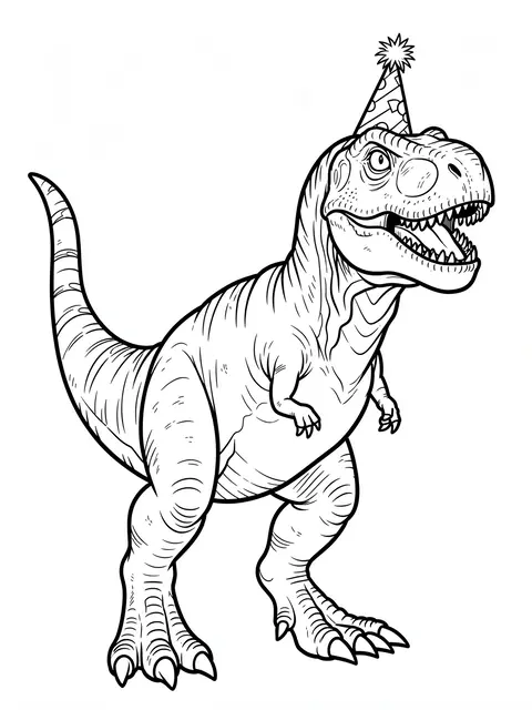Black and white line art of a T. rex wearing a party hat on a plain white background
