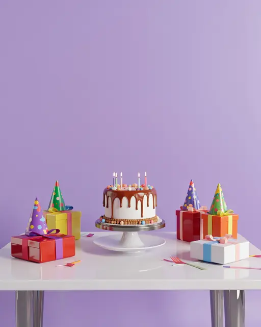 Glossy 3D birthday arrangement of a drip cake, party hats and gift boxes on a white table against a lilac wall with empty