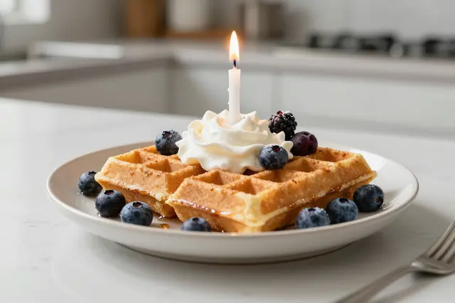 Plate of waffles topped with whipped cream, fresh berries and a single lit candle on a bright kitchen counter in morning