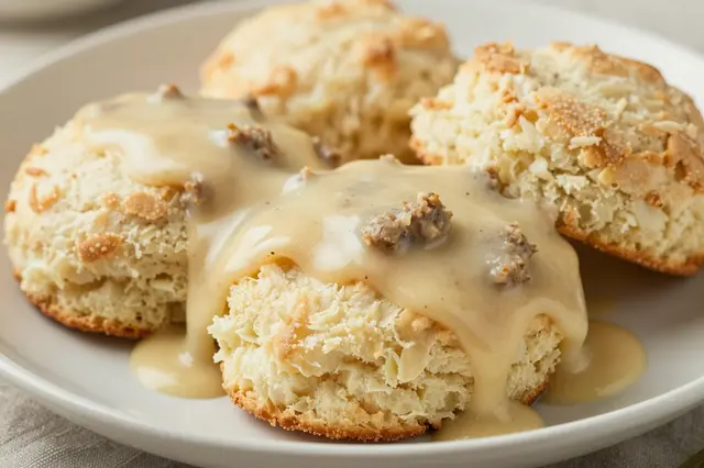 Flaky buttermilk biscuits topped with creamy sausage gravy rest on a light ceramic plate.