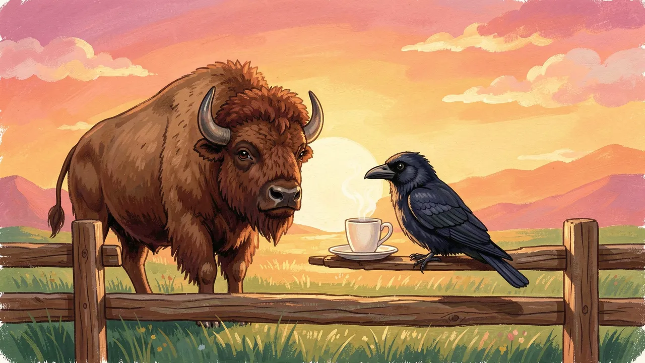 Gouache illustration of a bison and crow beside a coffee cup on a wooden fence at sunrise