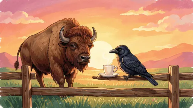 Gouache illustration of a bison and crow beside a coffee cup on a wooden fence at sunrise