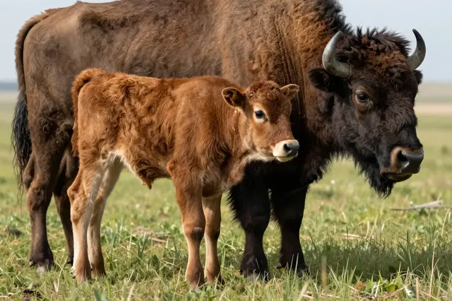 A fluffy young bison calf stands next to an adult bison on a grassy open prairie under pale clear skies