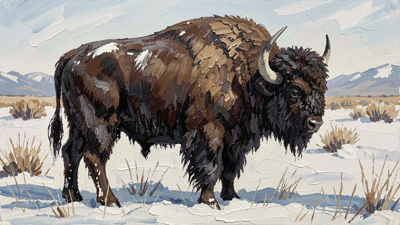 Palette knife oil painting of a shaggy bison standing on a snow covered prairie with distant mountains
