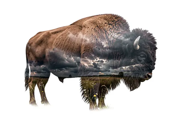 Double exposure artwork of a bison filled with prairie grass and storm clouds on a white background