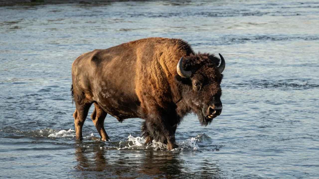 A large shaggy bison wades through shallow river water creating small splashes around its legs