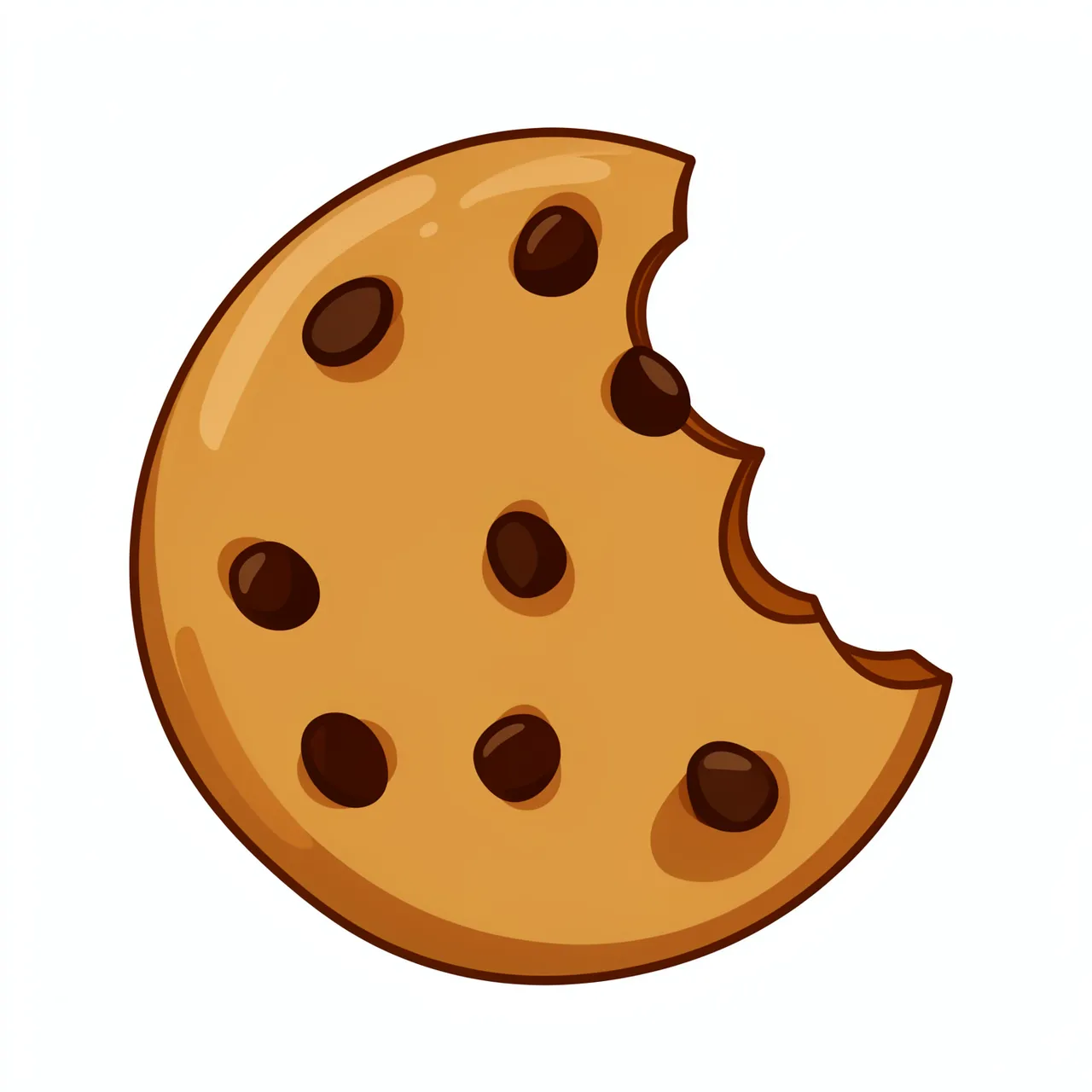 Flat cartoon illustration of a chocolate chip cookie with a bite removed, isolated on a plain white background