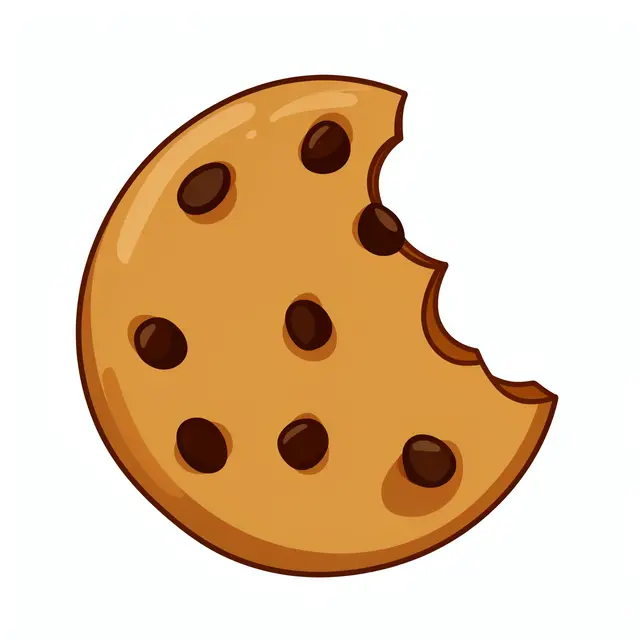 Flat cartoon illustration of a chocolate chip cookie with a bite removed, isolated on a plain white background