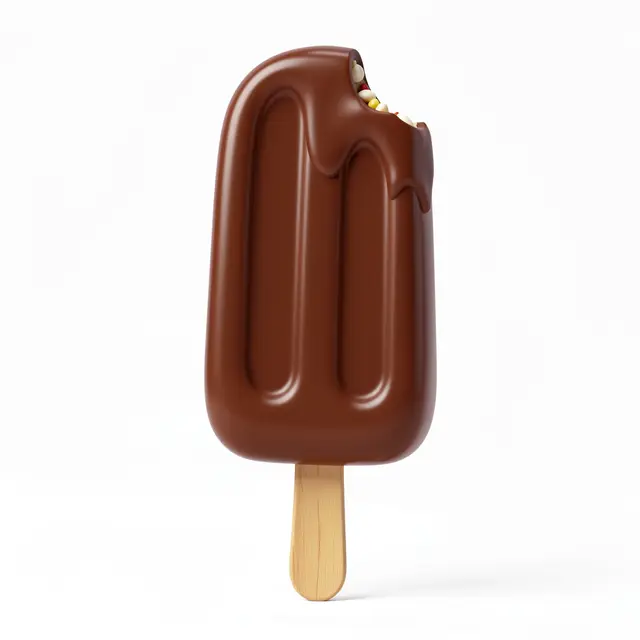 3D render of a chocolate coated popsicle with a bite taken out, standing on a wooden stick against a plain white background