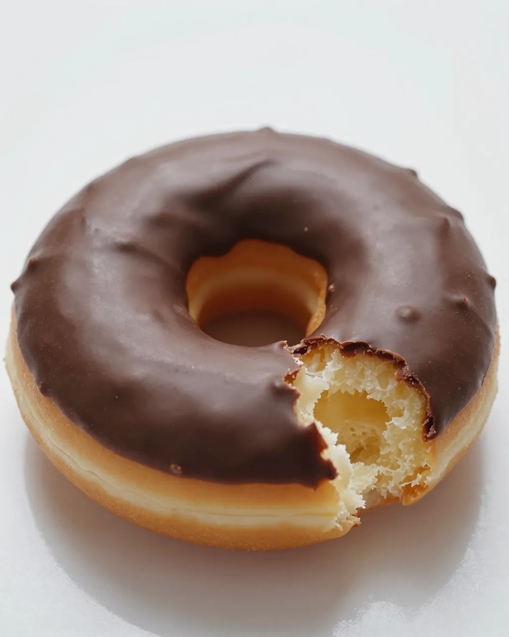 A chocolate frosted donut with a bite removed rests on a smooth white surface.