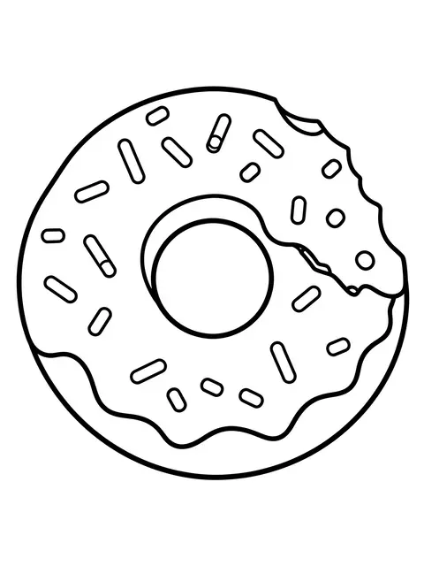 Bold black outline illustration of a sprinkled donut with a bite taken out on a plain white background