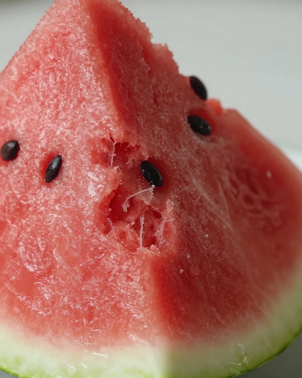 Close-up view of a fresh watermelon wedge with a small bite taken out of its red seeded flesh