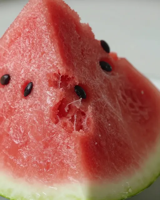 Close-up view of a fresh watermelon wedge with a small bite taken out of its red seeded flesh