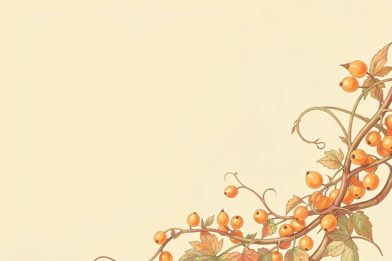 Soft pastel illustration of bittersweet vines with orange berries framing a large pale gold copy space