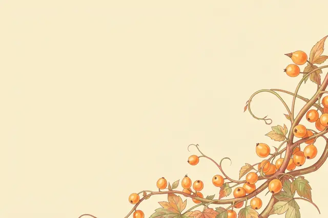 Soft pastel illustration of bittersweet vines with orange berries framing a large pale gold copy space