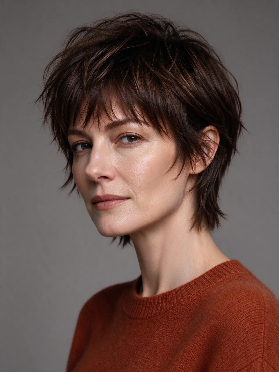 Head and shoulders studio portrait of a woman in her thirties with a bixie haircut and rust sweater