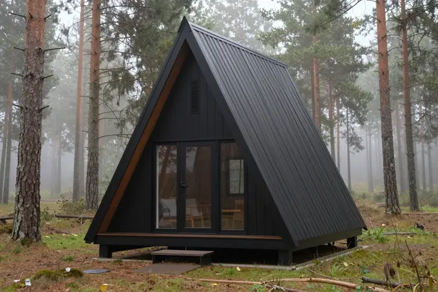 A modern black A-frame cabin sits surrounded by tall pine trees in a misty, foggy forest.