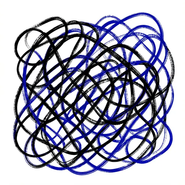 Tangled loose hand-painted black and cobalt blue brush loop scribbles on a plain white background