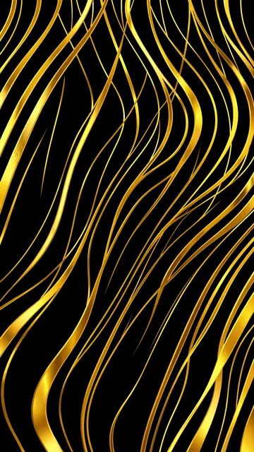 Shiny curved gold lines flow vertically across a solid black background