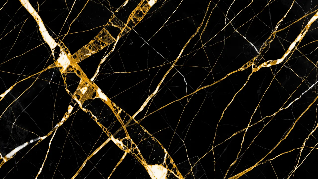 Glossy black marble surface with swirling interwoven gold and white veins
