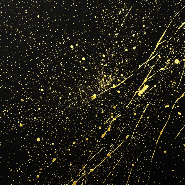 Metallic gold paint splatters and fine speckles scattered across a smooth matte black background
